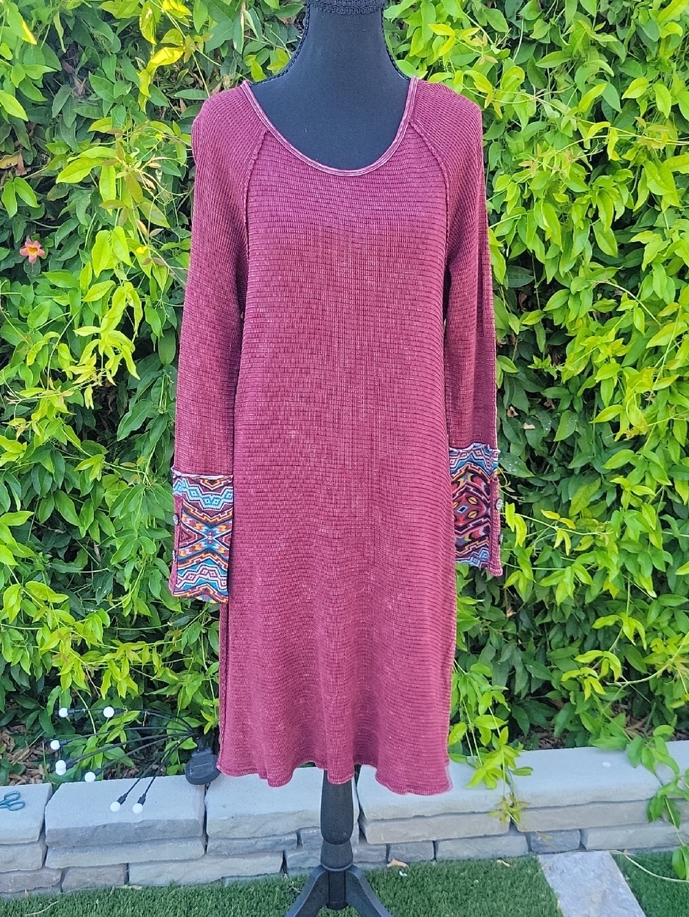Long Sleeve Burgundy Pink Boho Midi Dress Sz XL